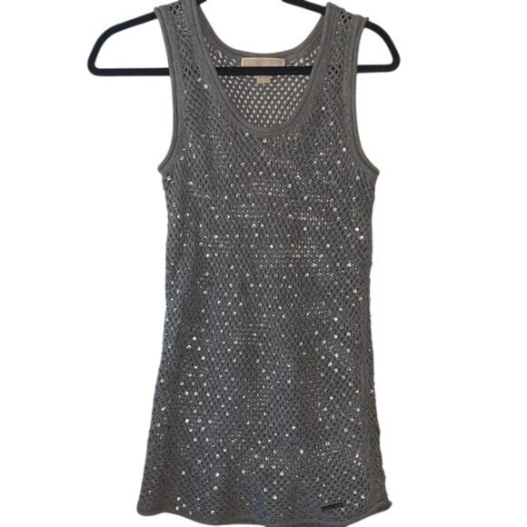 Michael Kors Gray Open Knit Tank Top With Sequins S Lightweight Cotton Womens - Picture 1 of 8